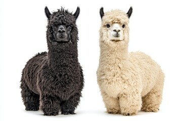 Fototapeta premium Two adorable alpacas stand side by side, showcasing their unique coats and charming expressions in a studio setting