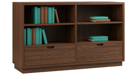 Isolated Brown Bookshelf with Books and Drawers Home Decor