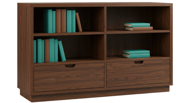 Isolated Brown Bookshelf with Books and Drawers Home Decor