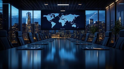 Professional conference room featuring a world map on the wall emphasizing global connectivity in digital boardroom interfaces