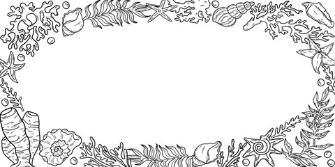 Shells, corals, seaweed and starfish hand drawn, line art border frame, vector illustration isolated on white background. © Tetiana Komarytska