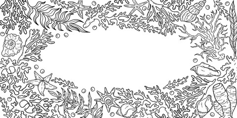Shells, corals, seaweed and starfish hand drawn, line art border frame, vector illustration isolated on white background.