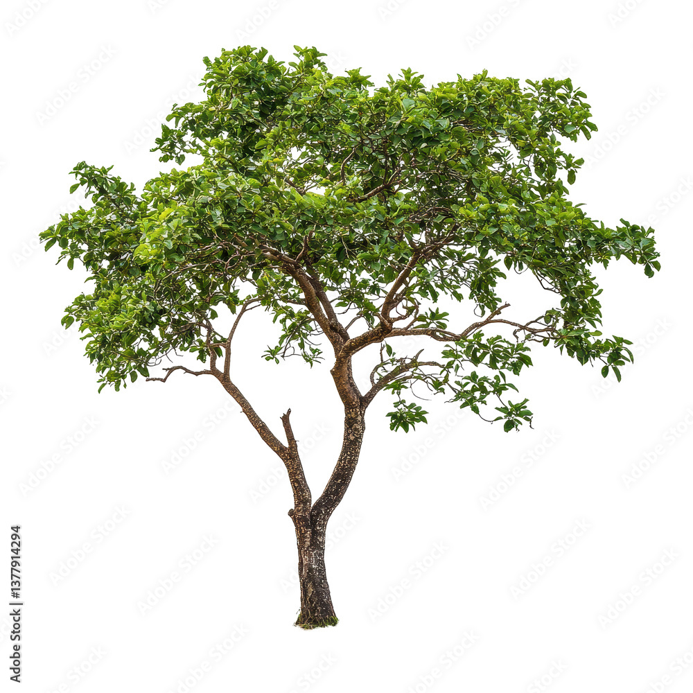 Poster branch with lush green leaves extending from a large tree against a white background, isolated image