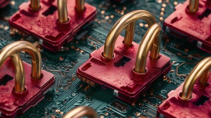 Closeup of Red and Gold Computer Chip Heat Sinks on Circuit Board
