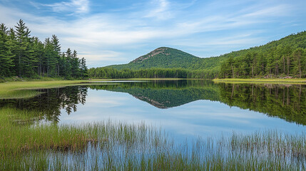 A serene lake reflecting a mountain and forest under a partly cloudy sky on a peaceful day