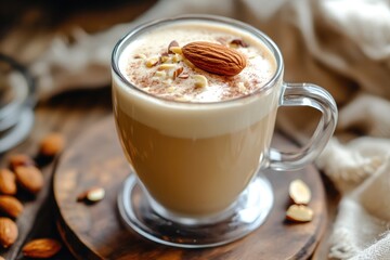 A glass mug filled with a creamy beverage topped with almonds on a wooden surface and clear saucer