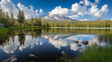 Mountain reflection in a lake with trees and clouds under a blue sky on a sunny day landscape view