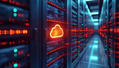 Futuristic server room displays modern digital tech. Cloud tech icon glows in data center. Modern tech equipment. Hybrid cloud network. Serverless architecture. Advanced computer system. Powerful
