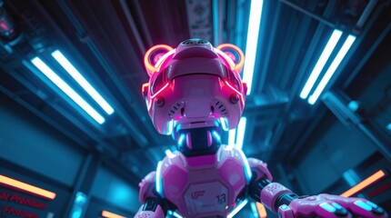 Futuristic Pink Robot with Neon Lights in a Cyberpunk Setting