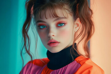 Confident girl in 90s fashion with trendy makeup and hair.