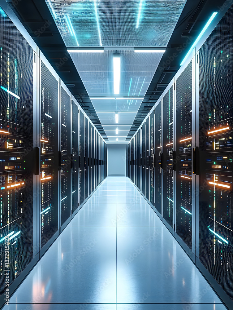 Poster server room with rows of server racks