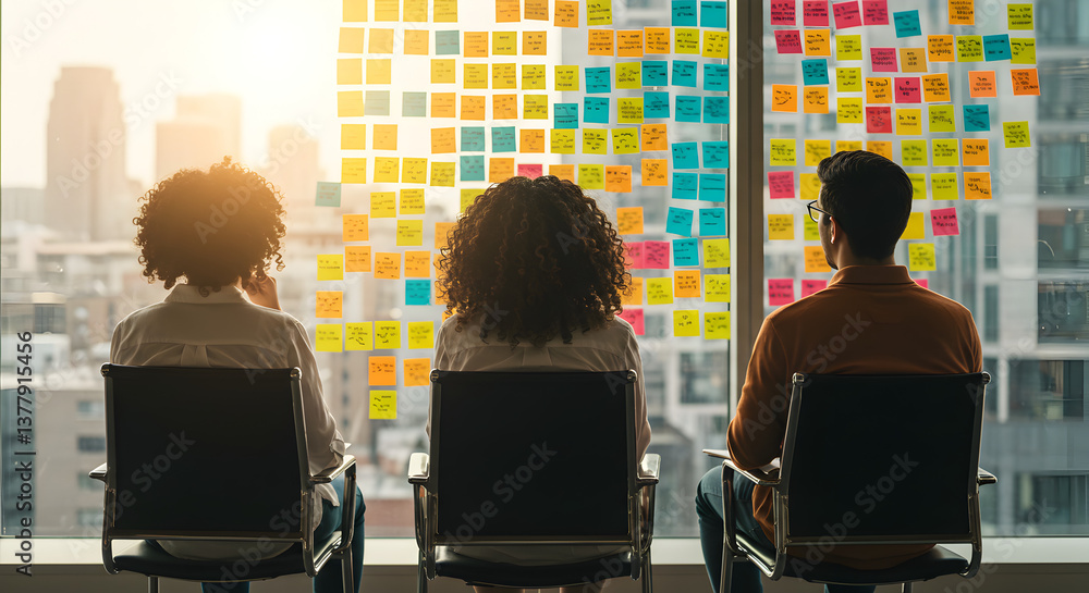 Poster three people strategizing using sticky notes on glass with cityscape view during daytime