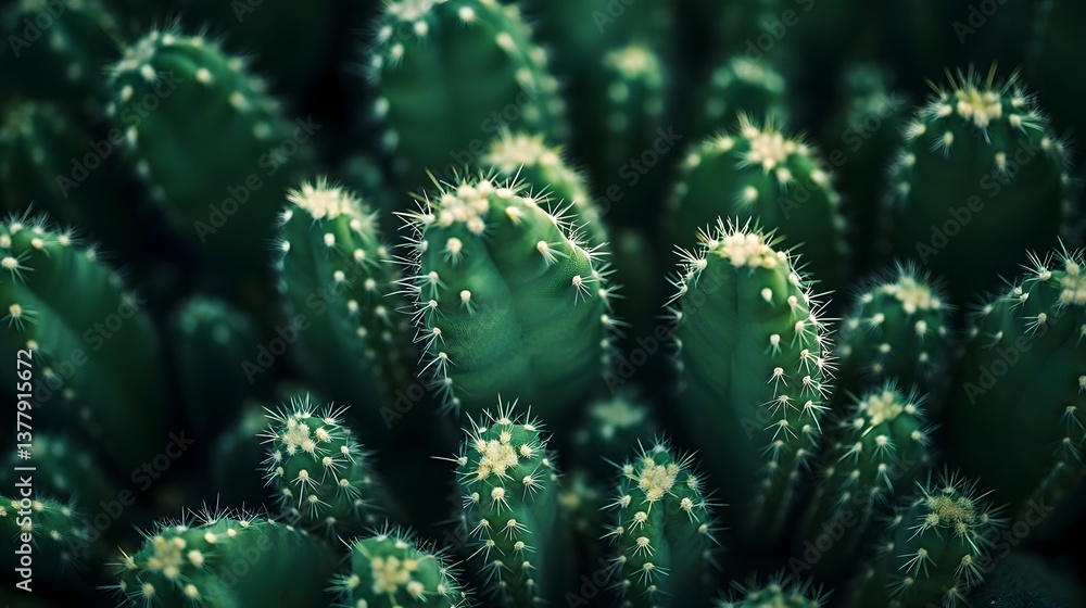 Poster dense textured close up of thriving green cacti with a delicate intricate pattern of tiny white spin