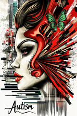 A surreal portrait of a woman with bold red and black abstract elements, a green butterfly, and the word "Autism" artistically rendered below in stylized script.
