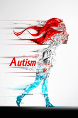 Obraz premium A stylized figure made of fragmented circuits and data walks forward, with red and blue gradients flowing through the body, and the word “Autism” in bold red text.