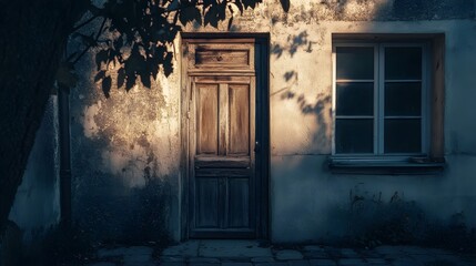 The decaying facade of an old rundown house with peeling paint and a weathered wooden door illuminated by moody