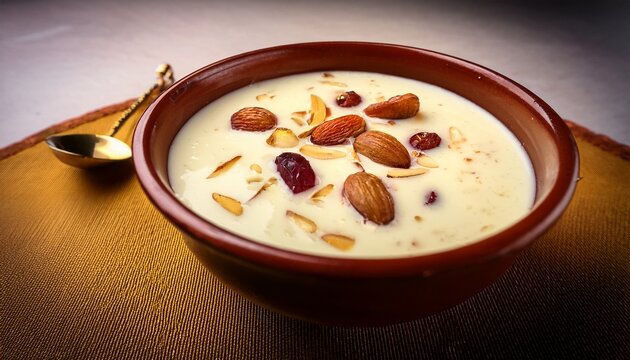 sweet rabdi or lachha rabri or basundi made with pure milk garnished with dry fruits served in a bowl over moody background selective focus
