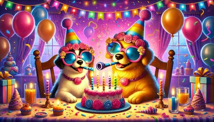 Cute Dogs Celebrating Birthday Party &ndash; Colorful Cartoon Illustration