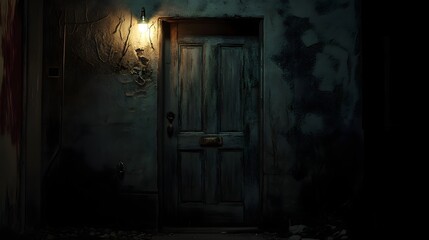 A weathered decaying door leading to an abandoned neglected house illuminated by a moody cinematic lighting that creates an ominous haunting atmosphere