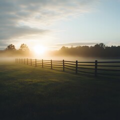 A serene pastoral landscape with a fenced pasture enveloped in dense fog as the sun s soft rays break through and cast a warm cinematic light over the scene