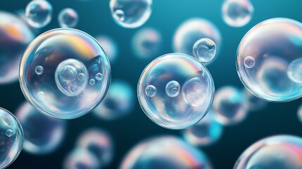 Abstract spheres with a reflective sheen. Iridescent bubbles float in a space, reflecting vibrant colors. Graphical resource for design and downstream advertisement purposes