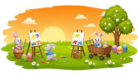 Obraz premium Charming Easter Bunnies Painting Sunset Scene AI Generated