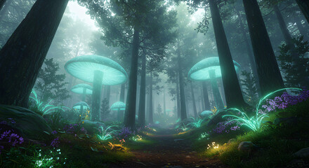A mystical, glowing forest with vibrant, bioluminescent plants and trees, creating a surreal, enchanting atmosphere that transports viewers into a magical, otherworldly landscape.