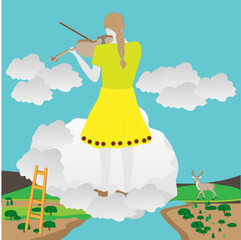 Dreaming violinist against the background of sky and clouds. Vector illustration