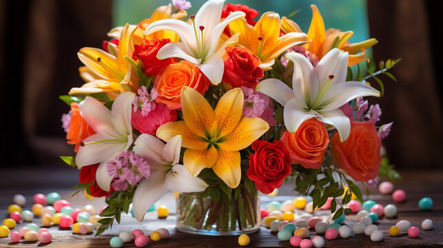 Beautiful flower bouquet arrangement roses lilies floral design home decor for celebration and gifting idea