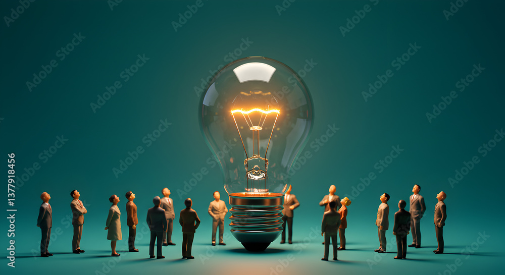 Poster pixelated business team gathering around a glowing lightbulb in a teal studio setting with highlight