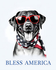 A cheerful Labrador Retriever with refined features, wearing red sunglasses and an American flag scarf, 14th for july celebration. Below, the phrase "BLESS AMERICA". Created with generative AI.