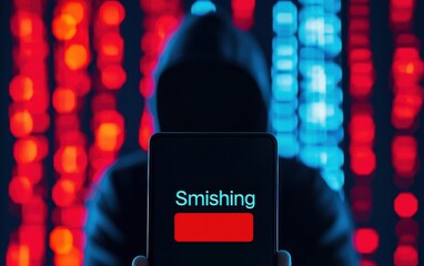 A hooded figure holds a phone displaying the word "Smishing" surrounded by vibrant red and blue lights, symbolizing cybersecurity threats.