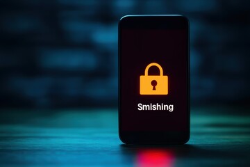 A smartphone displaying a "Smishing" alert with a padlock icon, highlighting cybersecurity threats and mobile phishing.