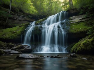 Obraz premium Coldwater Falls: A Serene Escape in the U.S., Where Crystal-Clear Waters Tumble Over Rocky Cliffs, Surrounded by Lush Forests and Offering a Tranquil Retreat into Nature’s Beauty!