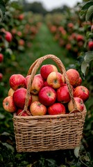 Ripe Apples in a Wicker Basket at Orchard During Harvest Season