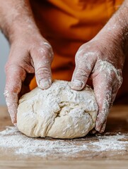 Obraz premium Baker's Hands Kneading Fresh Dough on a Wooden Surface, Close-up View