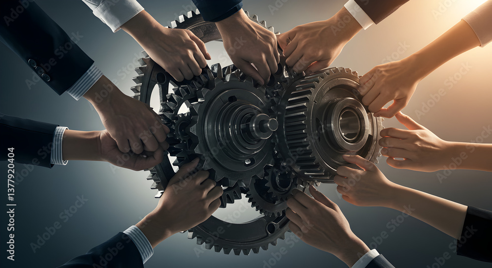 Poster many hands touching gears in a teamwork collaboration concept with warm light on a dark background