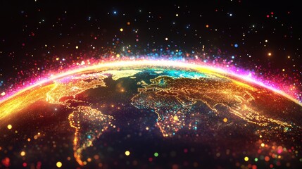 Obraz premium Vibrant Glowing Earth at Night with Colorful Lights and Stars