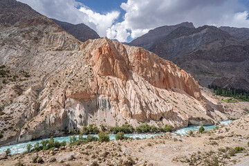 Colorful landscape view of Iskander darya river valley rock formations near Iskanderkul, Fann mountains, Sughd, Tajikistan