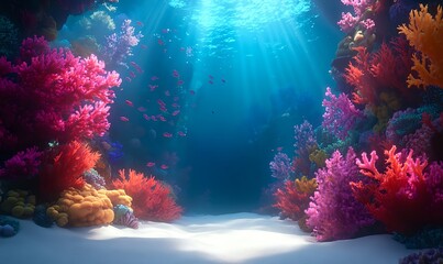 Obraz premium A deep ocean scene with colorful corals and tropical fish in softly lit, clear blue water, creating a peaceful, dreamlike atmosphere