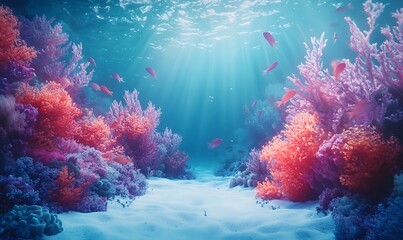 Fototapeta premium A deep ocean scene with colorful corals and tropical fish in softly lit, clear blue water, creating a peaceful, dreamlike atmosphere