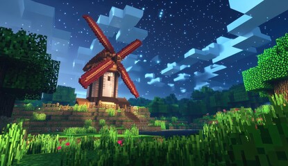 Nighttime pixelated windmill in a lush, blocky landscape