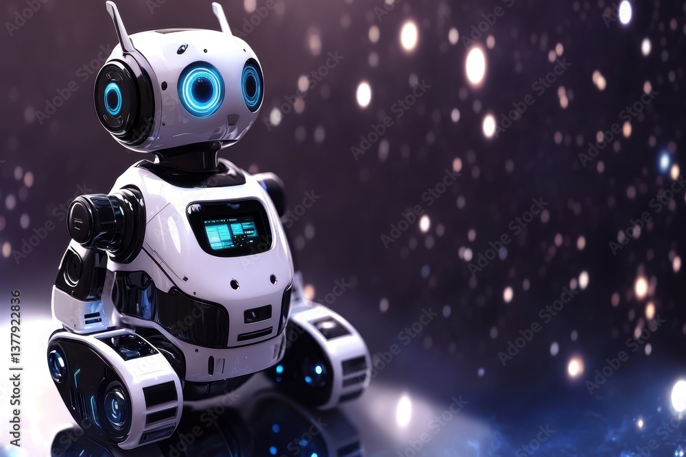 Poster small robot stands on a reflective surface surrounded by a starry background at nighttime