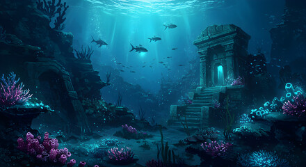 Mysterious underwater ruins with glowing blue-green windows illuminating an ancient submerged structure. Fantasy digital illustration with colorful coral reef, swimming fish, and sunlight rays penetra