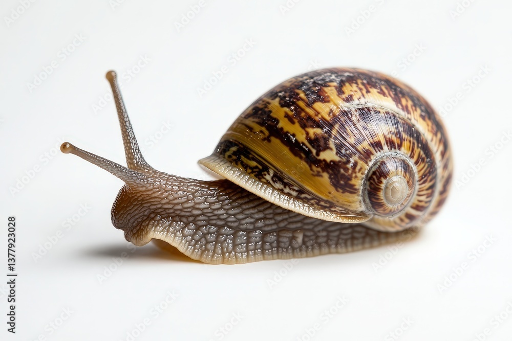 Poster a detailed close up image showing a single snail on a white surface