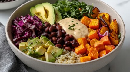 Fototapeta premium Delicious Vegan Buddha Bowl with Roasted Vegetables and Avocado, Top View