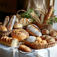 Fresh Artisan Breads in Wicker Baskets on Linen Tablecloth, Bakery Goods