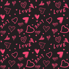 Bold seamless pattern with hand-drawn hearts and "LOVE" lettering in pink on a black background. Ideal for romantic textiles, gift wrap, greeting cards, and decor.