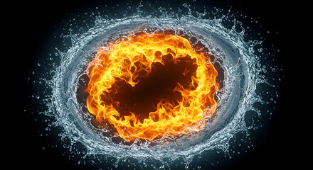 Dynamic fire and water elements colliding in a circular yin-yang formation against black background. Digital illustration of opposing forces with vibrant orange flames and blue water splashes creating