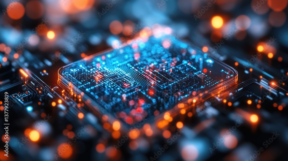 Poster close-up of a glowing microprocessor chip on a circuit board.